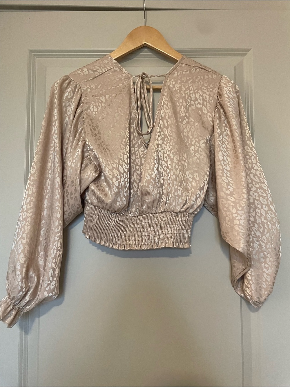 Altar'd State Blush Satin Leopard-Print Smocked Crop Blouse - Picture 3 of 3